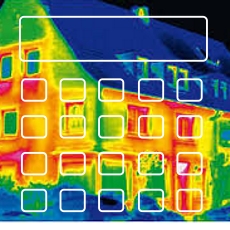 A house facade and roof fill a square image treated with vivid false colors, including blue and green areas with yellow, orange, and red around sections of the building. Thin white rounded rectangles are drawn over the roof and multiple window openings. No words or labels are legible.