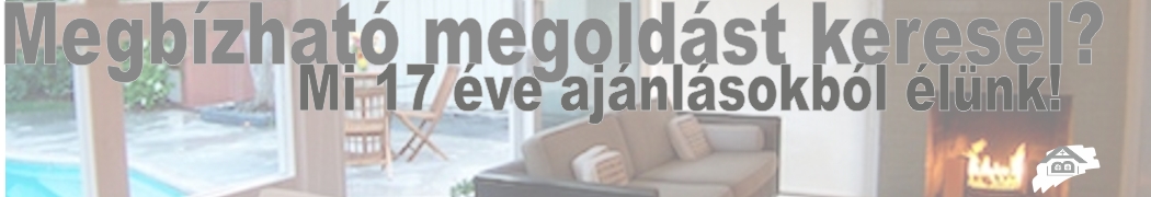 A very wide banner shows a softly lit living room with a sofa and chairs beside tall glazed doors, with a blue outdoor area visible through the glazing at the left and a lit fireplace at the right. Large gray Hungarian text reads “Megbízható megoldást keresel? Mi 17 éve ajánlásokból élünk!” A small white emblem sits near the lower-right edge.