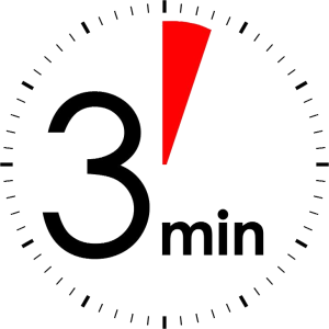 A white circular timer face is ringed by short black tick marks. A red wedge marks a small section at the top beside large black text reading “3 min”. The graphic is centered on a white background.