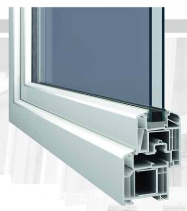 A white window-frame corner is rendered diagonally, with a blue-gray pane above a cutaway section of the profile. Several hollow internal chambers are visible at the lower-right end, with a thin dark gasket line along the pane. The background is pale gray and white, and no text is present.