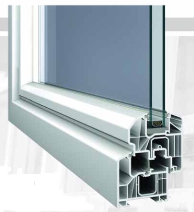 A white window-frame profile crosses the image diagonally beneath a blue-gray glass pane. Its cutaway at the lower-right reveals multiple rectangular cavities and narrow inner channels, while slim dark seals border the glazing. The rendering sits against a pale background without labels.
