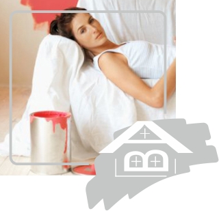 A woman reclines against white bedding, with one arm bent near her head and her body angled toward the right side of the frame. A can with red paint visible inside sits at the lower left, and red paint marks appear on the pale wall above it. A thin gray rounded rectangle overlays the photo, while a large gray-and-white house-shaped graphic covers part of the lower-right area.