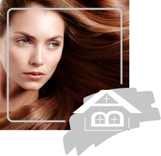 A close portrait shows a light-skinned woman with long brown hair flowing to the right, looking toward the left edge. A thin pale rounded rectangle frames the image, and a large gray-and-white house-shaped graphic overlaps the lower-right corner. The background is dark brown and the image contains no legible text.