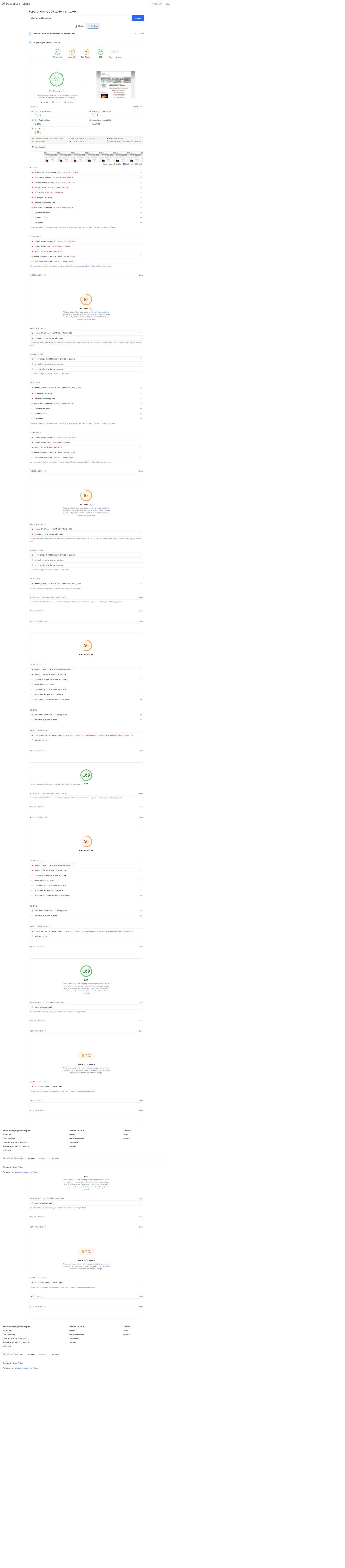 A valódi asztali PageSpeed jelentés