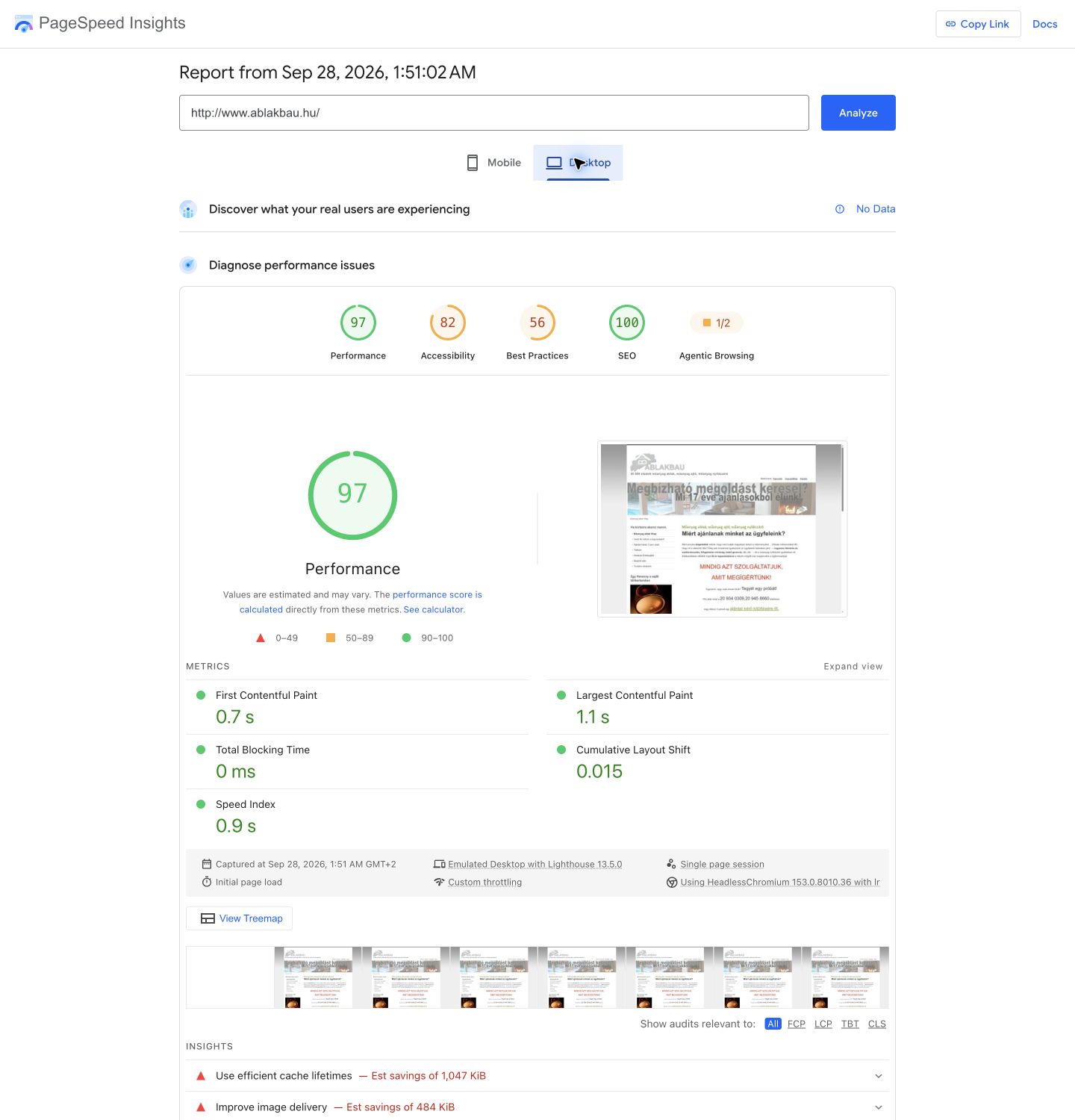 A mentett asztali PageSpeed-metrikapanel felvétele