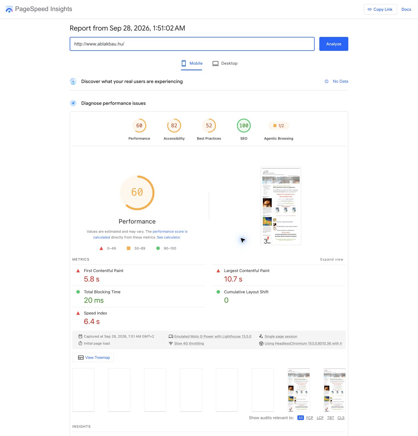 A mentett mobil PageSpeed-metrikapanel felvétele