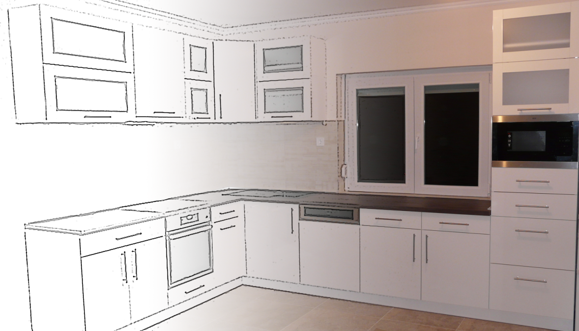 Sketch-overlay concept view of a white L-shaped kitchen with dark worktops, built-in oven, and double window.
