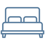 Blue-gray bed-like furniture icon on a white square background.