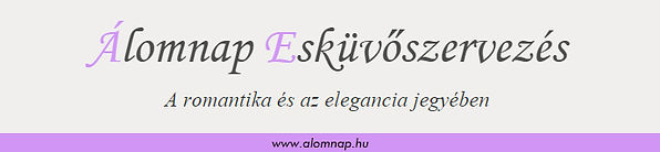 Álomnap wedding planning banner with romantic and elegant tagline.