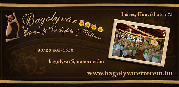 Bagolyvár restaurant and guesthouse banner with dining-room photo.