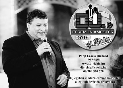 Black-and-white promotional portrait of a microphone-holding DJ with DJ Richie ceremony-master branding.