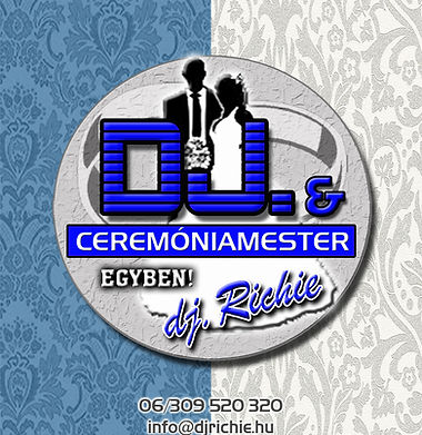 DJ Richie DJ and ceremony-master logo on a blue damask background.