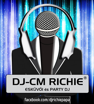 DJ-CM Richie wedding and party DJ logo over blue light streaks.