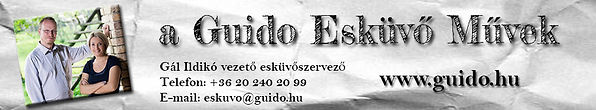 Guido Esküvő Művek wedding planning banner with two-person portrait.
