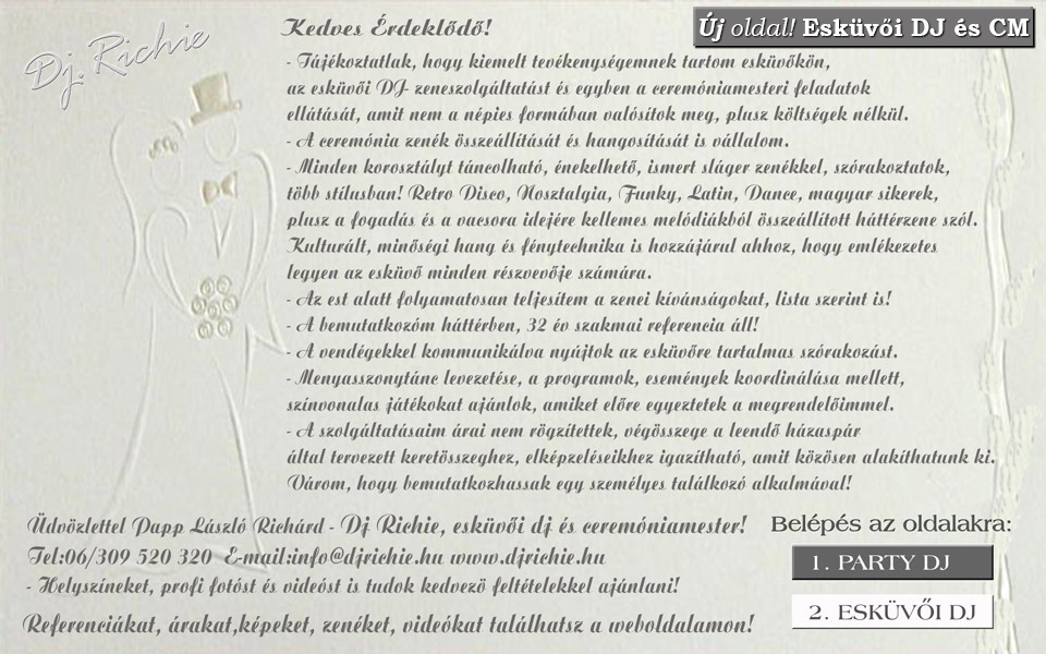 Hungarian wedding DJ and ceremony-master introduction graphic with party DJ and wedding DJ options.