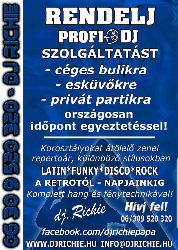 Hungarian poster advertising professional DJ service for company parties, weddings, and private parties.