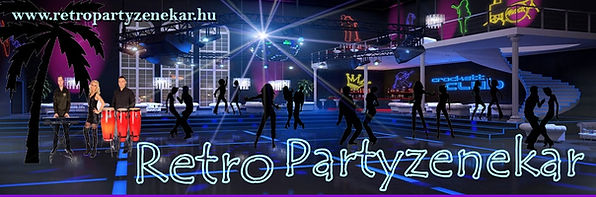 Retro Partyzenekar stage performance banner with colorful concert lighting.