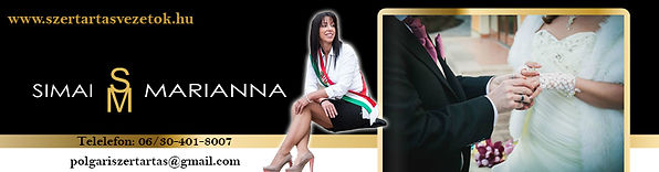 Simai Marianna wedding ceremony speaker banner with bridal photographs.