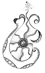 A black ink drawing forms an abstract curling figure on a white background. The shape contains dots, spirals, patterned bands, and a flower-like center. Small leaf-like marks rise from the top of the composition.