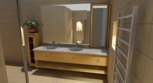 A bathroom rendering centers on a wide wooden vanity with a white basin. A large rectangular mirror hangs above the counter, reflecting a doorway and lit wall fixture. Open shelving and gray-beige walls flank the vanity.