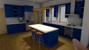 A three-dimensional kitchen visualization shows blue and gray cabinetry along two walls. A large white-topped island with stools stands in the foreground. Multiple windows and a wood floor brighten the space.