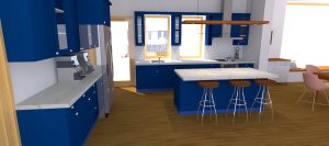 A three-dimensional kitchen rendering uses blue cabinet fronts and light gray counters. A rectangular island with three stools occupies the center. Wood flooring and two windows complete the room.