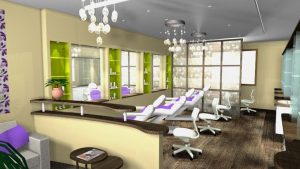 A bright salon rendering features reclining treatment chairs beneath decorative pendant lights. Green window panels and pale furnishings contrast with a dark wood floor. Mirrors, counters, and small stools line the open room.