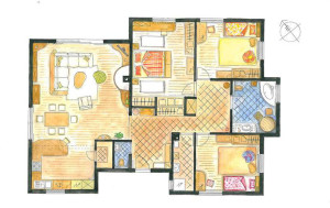 A colored apartment floor plan presents several furnished rooms from above. Warm yellow, orange, blue, and gray zones distinguish the spaces and floor finishes. Beds, seating, tables, cabinets, and bathroom fixtures are shown in the layout.