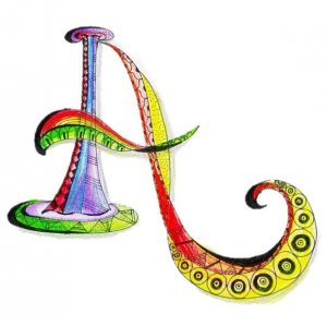 A colorful hand-drawn capital letter A stands on a white background. Red, green, yellow, blue, and purple bands curve through the letter and extend into a long ornamental flourish. Small circles and repeating patterns decorate the lower curved stroke.