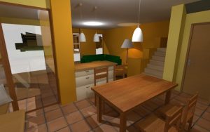 A three-dimensional interior view shows a wooden dining table beside a compact green-and-white kitchen. A staircase rises behind the kitchen area. Warm yellow walls and terracotta floor tiles frame the open-plan space.