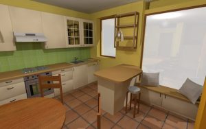 A warm-toned kitchen rendering has white upper cabinets and natural wood lower cabinets. Green wall panels line the work area, and a small table stands near a bright window. Terracotta-colored floor tiles cover the room.