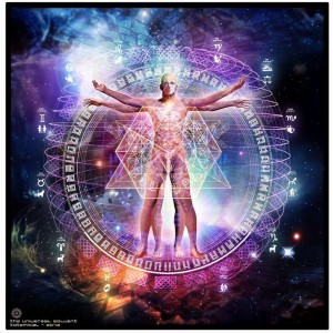 A glowing human figure stands with arms outstretched inside a circular astrological diagram. Purple, blue, and pink nebula-like clouds surround the body. Symbols, geometric rings, and small points of light fill the cosmic background.
