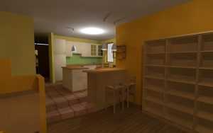 A dim interior rendering shows a kitchen peninsula with stools and extensive open shelving. Warm orange walls surround pale cabinetry and a darker floor. Ceiling lights illuminate the central work surface.