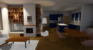 A warm interior rendering shows a living room connected to a blue kitchen. A tan sofa faces a white masonry heater and a tall bookcase. Dark wood flooring, pale walls, and pendant lights define the open space.