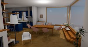 A three-dimensional interior rendering combines a living area with a blue-and-white kitchen. Brown sofas and a pale coffee table sit in the foreground beneath a light ceiling. A large window, dining chairs, plants, and storage units line the back of the room.