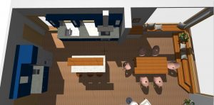 A top-down three-dimensional rendering shows an open kitchen and dining layout. Blue cabinetry lines the walls while a white island and a wooden dining table organize the center. Small seating groups and warm wood flooring complete the plan.