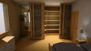 A compact room rendering features tall built-in wooden shelving and two paneled doors. A dark-framed mirror or glass panel stands beside the shelves. Warm flooring and neutral gray walls give the narrow space a subdued appearance.