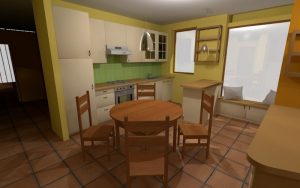 A kitchen and dining rendering shows white cabinets, green wall panels, and a round wooden table. A large bright window sits beside the dining area. Terracotta tiles and warm beige walls give the room an earthy palette.
