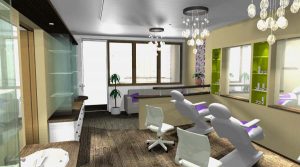 A salon interior rendering shows multiple reclining chairs arranged across a bright room. Large windows, pale counters, and green accent panels surround the seating. Ornamental ceiling lights reflect in the glossy surfaces.