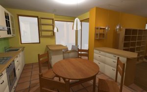 A warm kitchen rendering centers on a round wooden dining table. White cabinets, wood-fronted storage, and green wall panels line the surrounding walls. Two pendant lights hang above the work and dining areas.