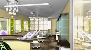 A wide salon rendering presents treatment chairs and workstations in a modern light-filled room. Green accent panels sit between mirrors and pale cabinetry. A glass partition occupies the right side of the composition.