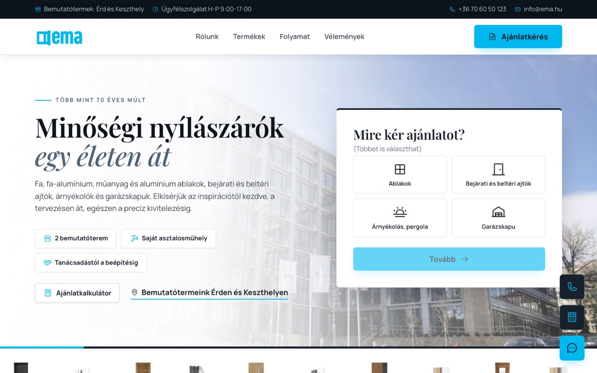 Az új EMA főoldal nyitó szekciója ajánlatkérő választóval