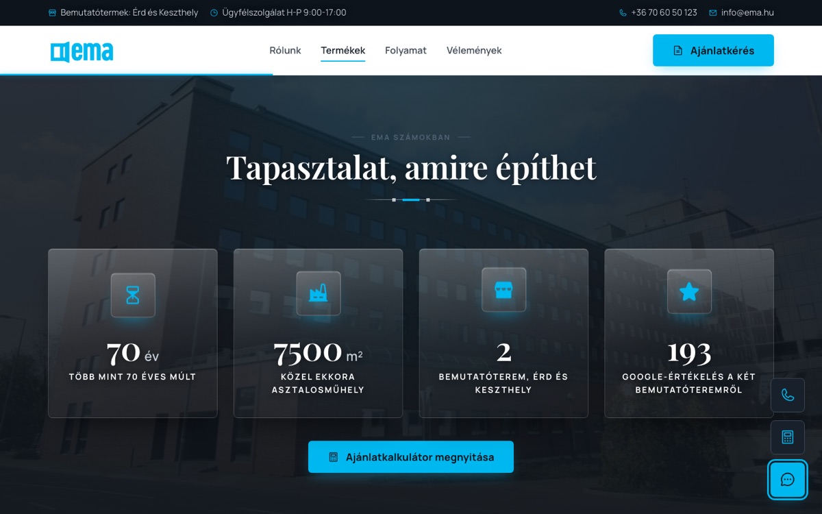 Számok szekció: több mint 70 éves múlt, közel 7500 négyzetméteres műhely, 2 bemutatóterem, 193 Google értékelés