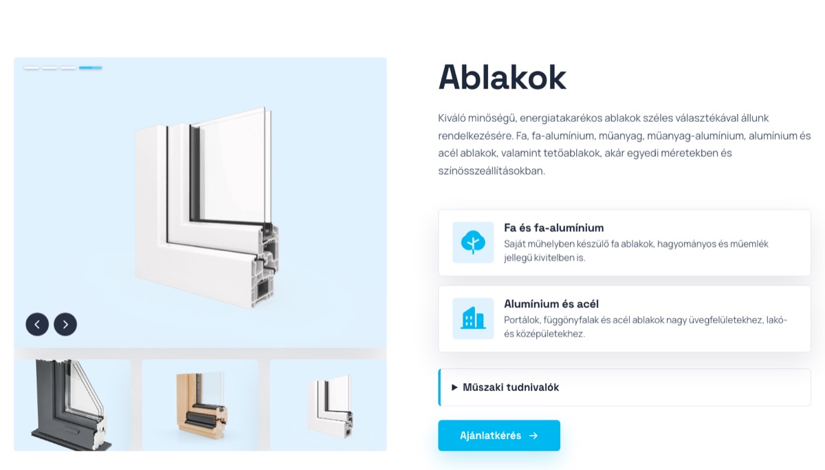 Ablakok termékblokk képgalériával és ajánlatkérés gombbal