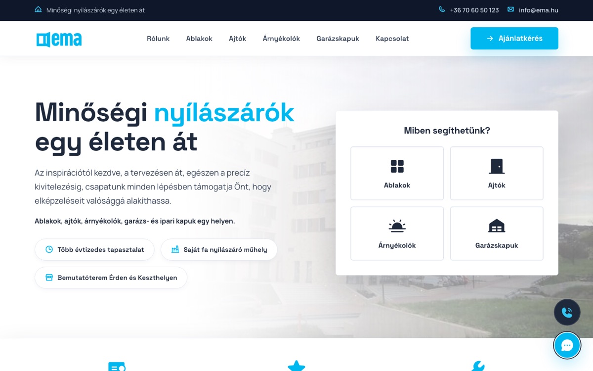 Az új EMA főoldal nyitó képernyője asztali nézetben, termékválasztóval