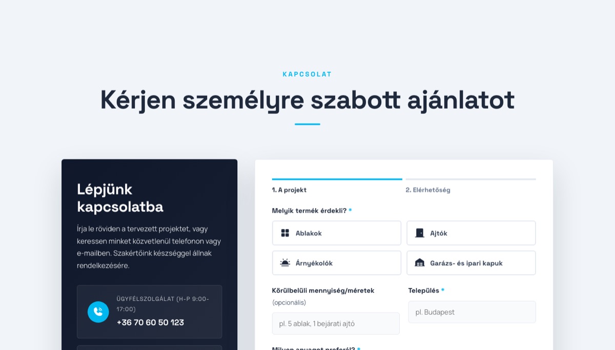 Az új ajánlatkérő űrlap termékválasztóval és a kapcsolati blokkal
