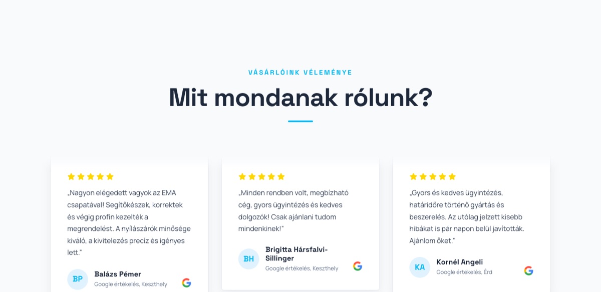 Értékelések szekció valódi 5 csillagos Google értékelésekkel