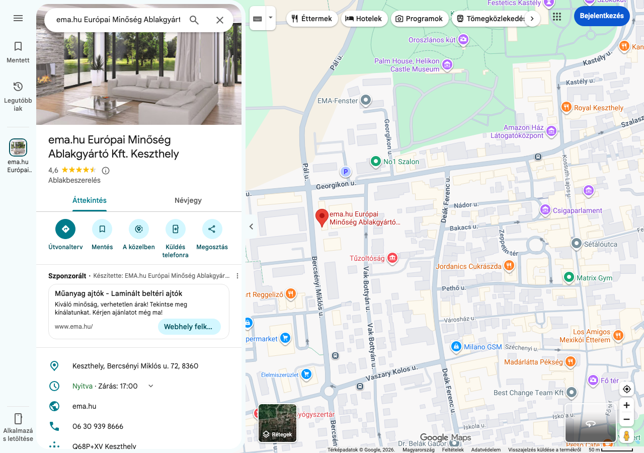 Az EMA Keszthelyi bemutatótermének Google Térkép profilja szponzorált hirdetéssel