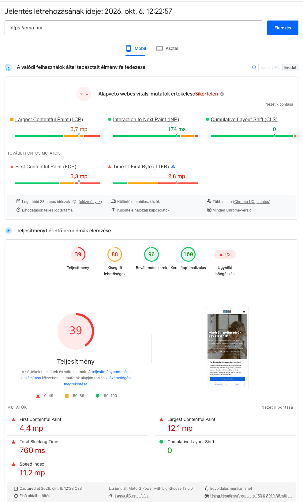 PageSpeed Insights mobil eredmény: teljesítmény 39, LCP 12,1 s