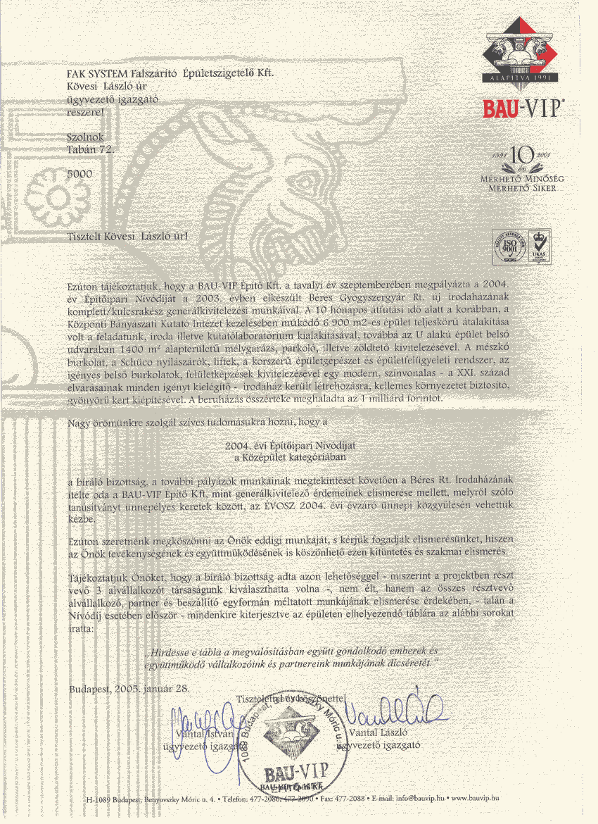 BAU-VIP letter announcing an architectural industry award